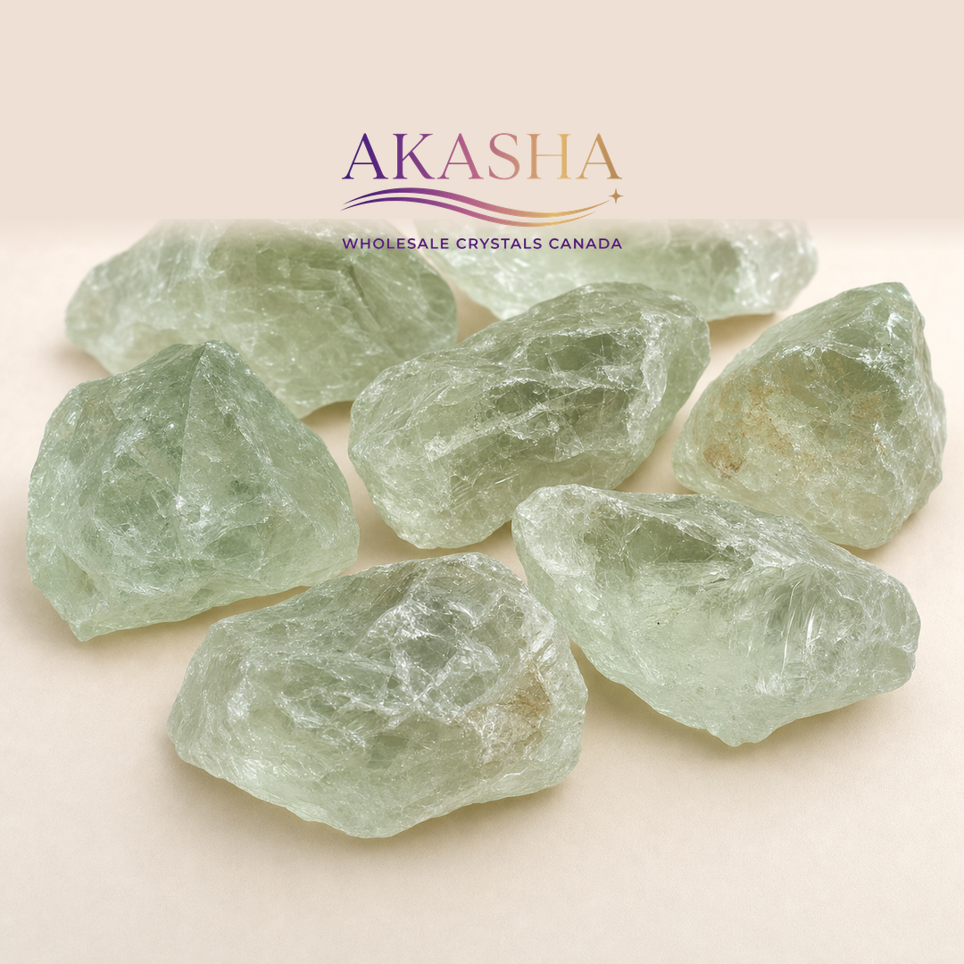 green amethyst raw crystals available at Akasha Wholesale Crystals Canada