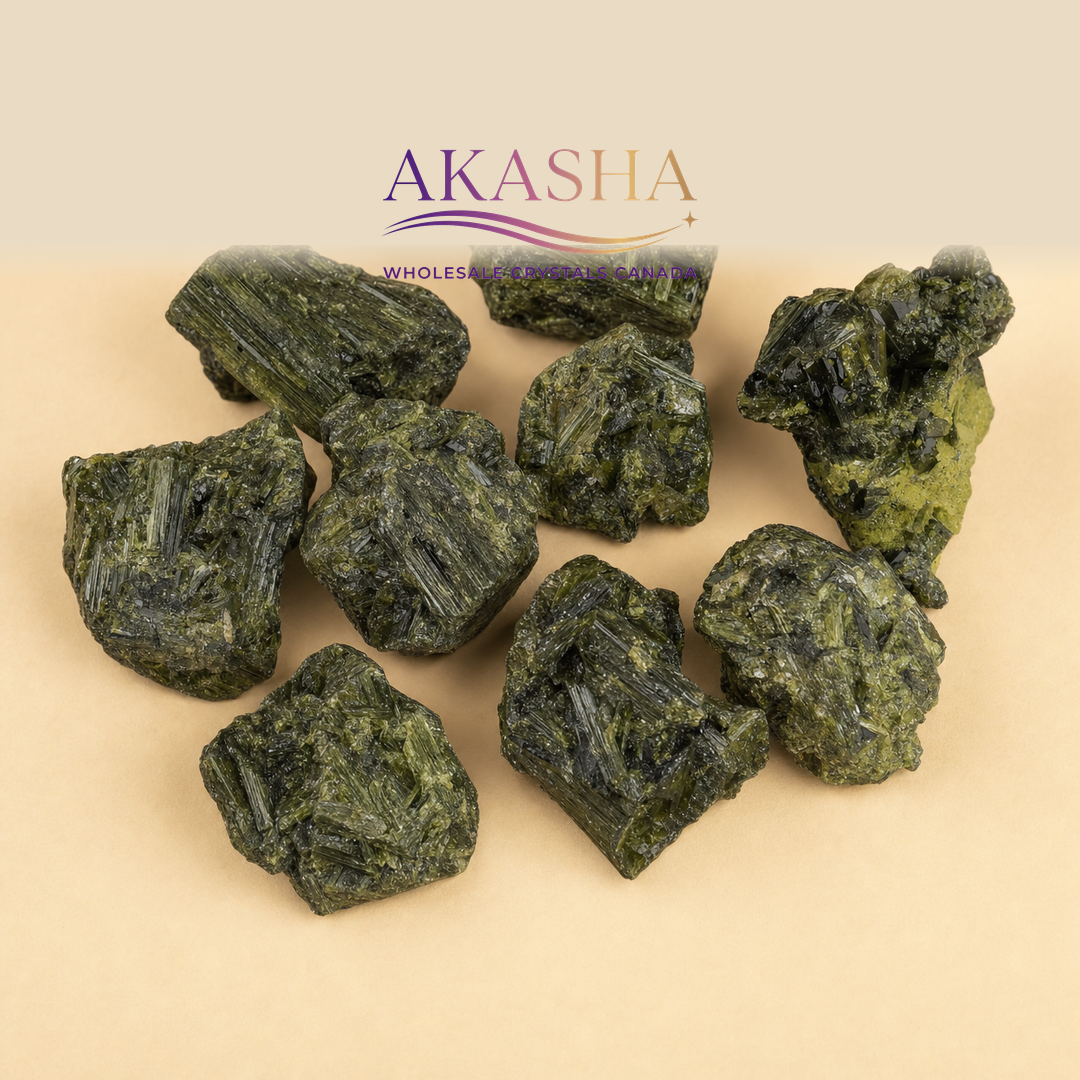 green tourmaline crystals available at Akasha Wholesale Crystals Canada