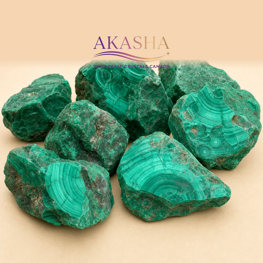 malachite raw crystals available at Akasha Wholesale Crystals Canada