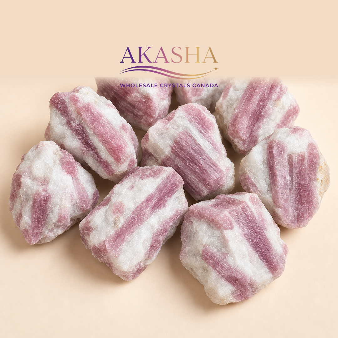 pink tourmaline crystals available at Akasha Wholesale Crystals Canada