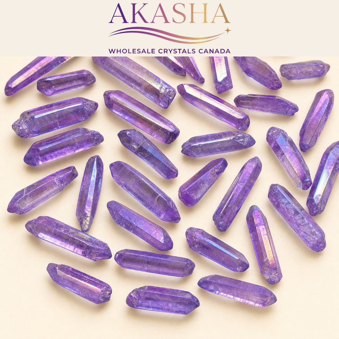 Aura Quartz Raw Crystals available in different shades. Shop Akasha Wholesale Crystals Canada today