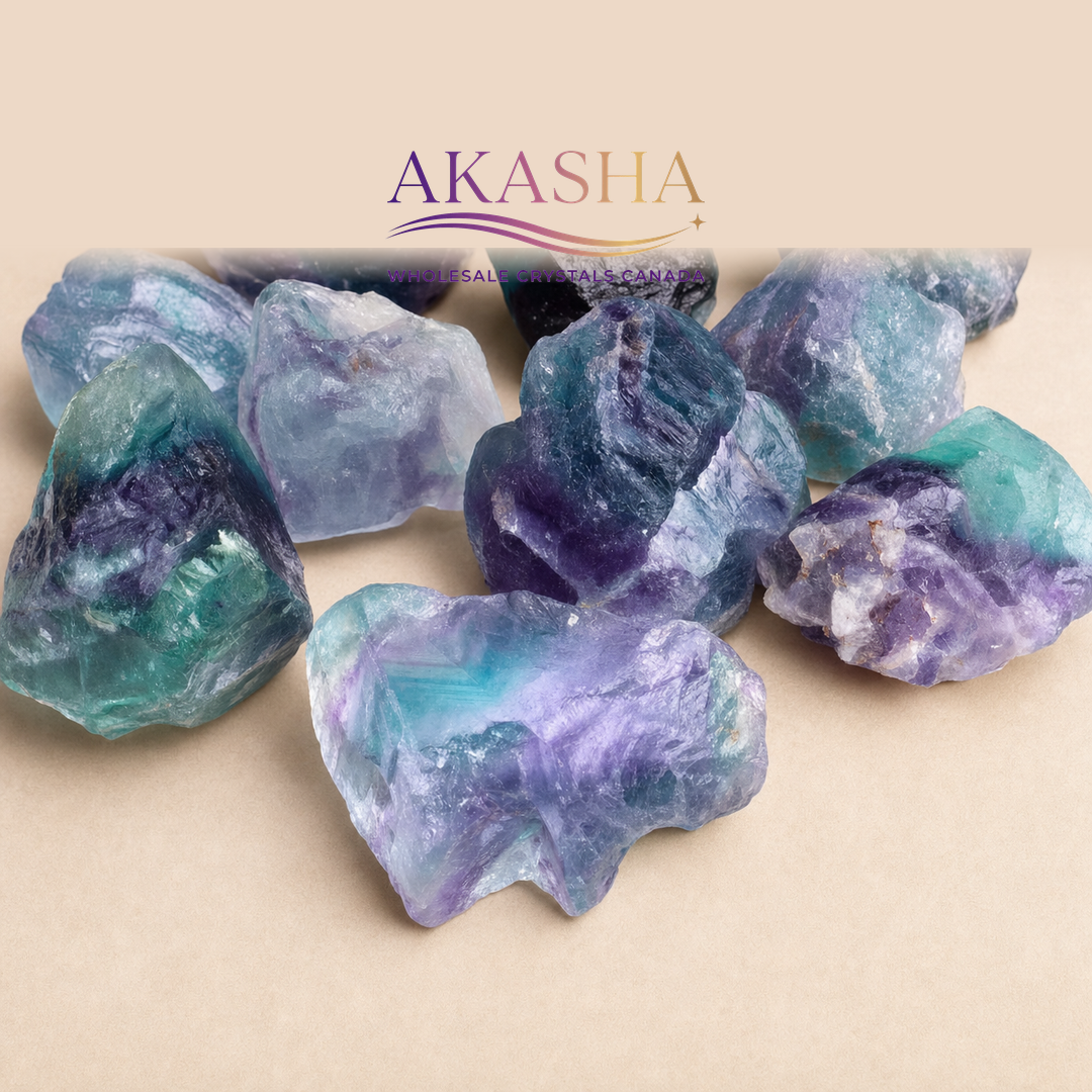 rainbow fluorite crystals available at Akasha Wholesale Crystals Canada