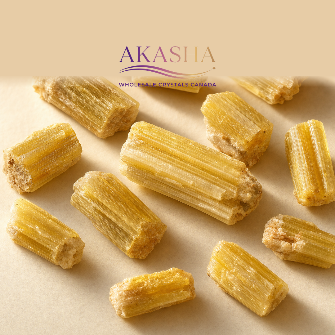yellow tourmaline raw crystals available at Akasha Wholesale Crystals Canada