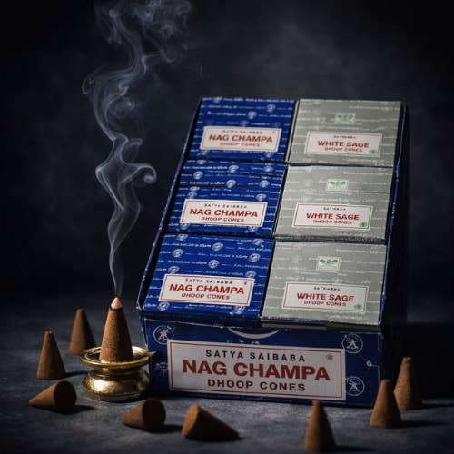 Satya Dhoop Cones Assorted Nag Champa/ White Sage incense cones wholesale listing