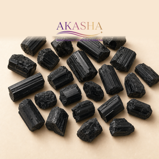 black tourmaline crystals available at Akasha Wholesale Crystals Canada