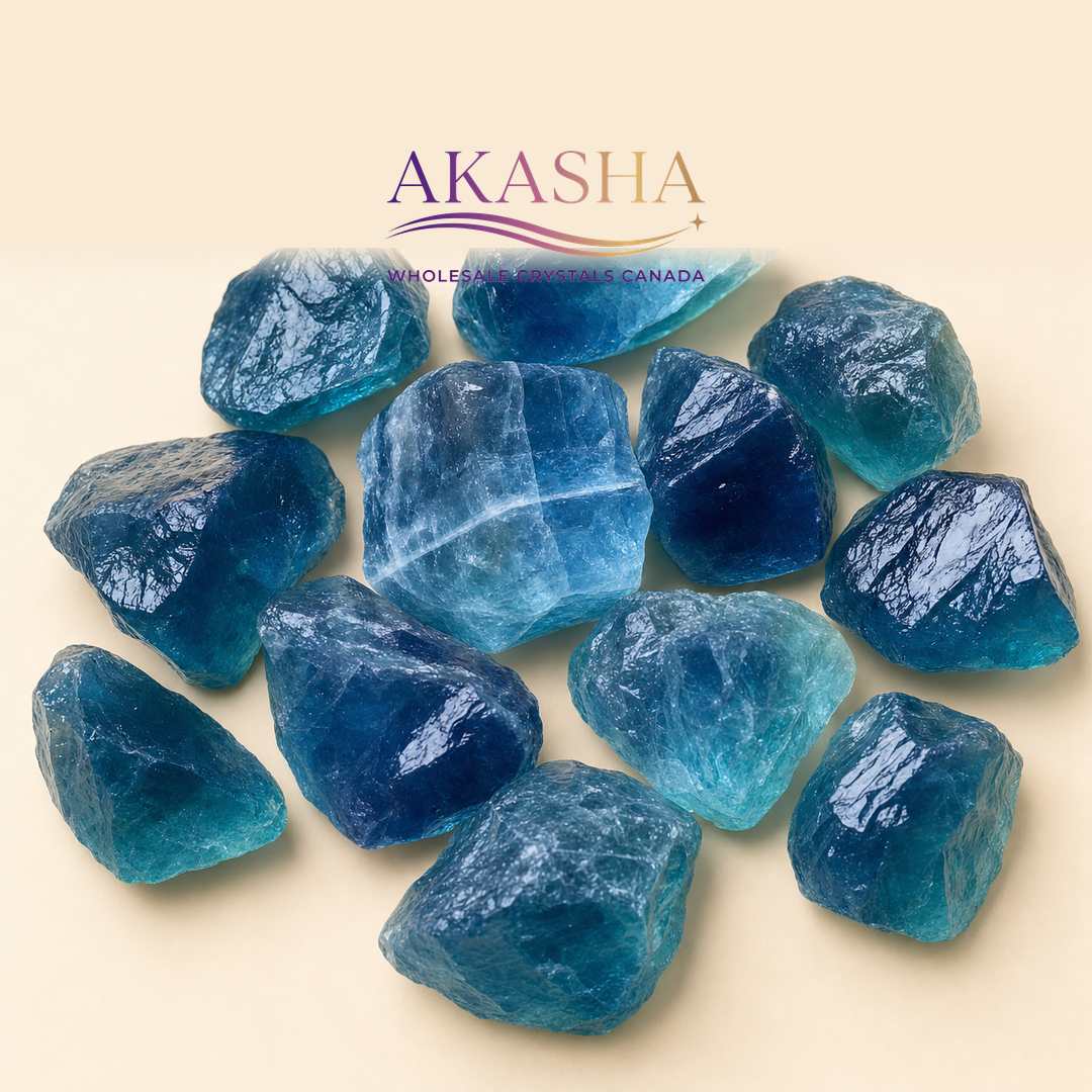 blue fluorite raw crystals available at Akasha Wholesale Crystals Canada