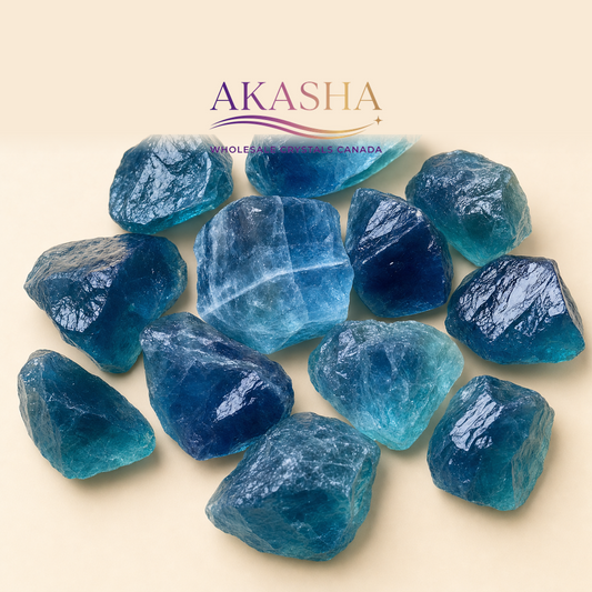 blue fluorite raw crystals available at Akasha Wholesale Crystals Canada