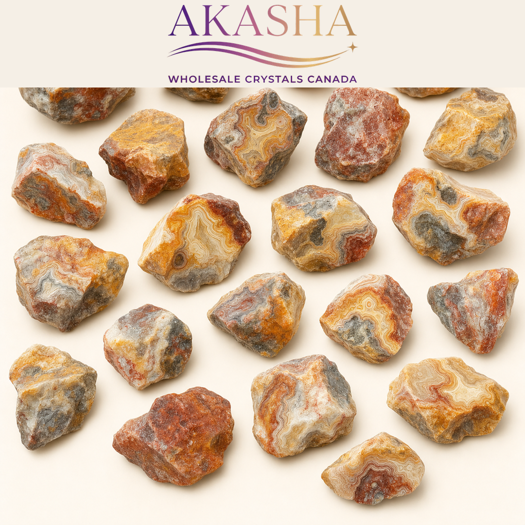 crazy lace agate raw crystals available at Akasha Wholesalers Canada