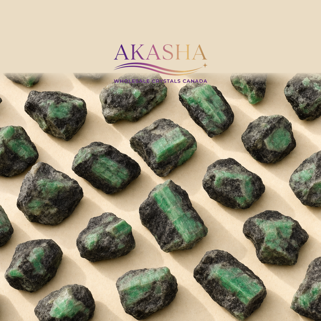 raw Emerald crystals available at Akasha Wholesale Crystals Canada