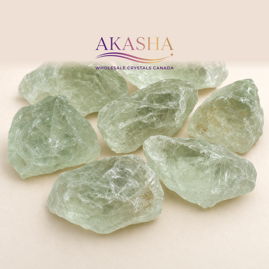 green amethyst raw crystals available at Akasha Wholesale Crystals Canada