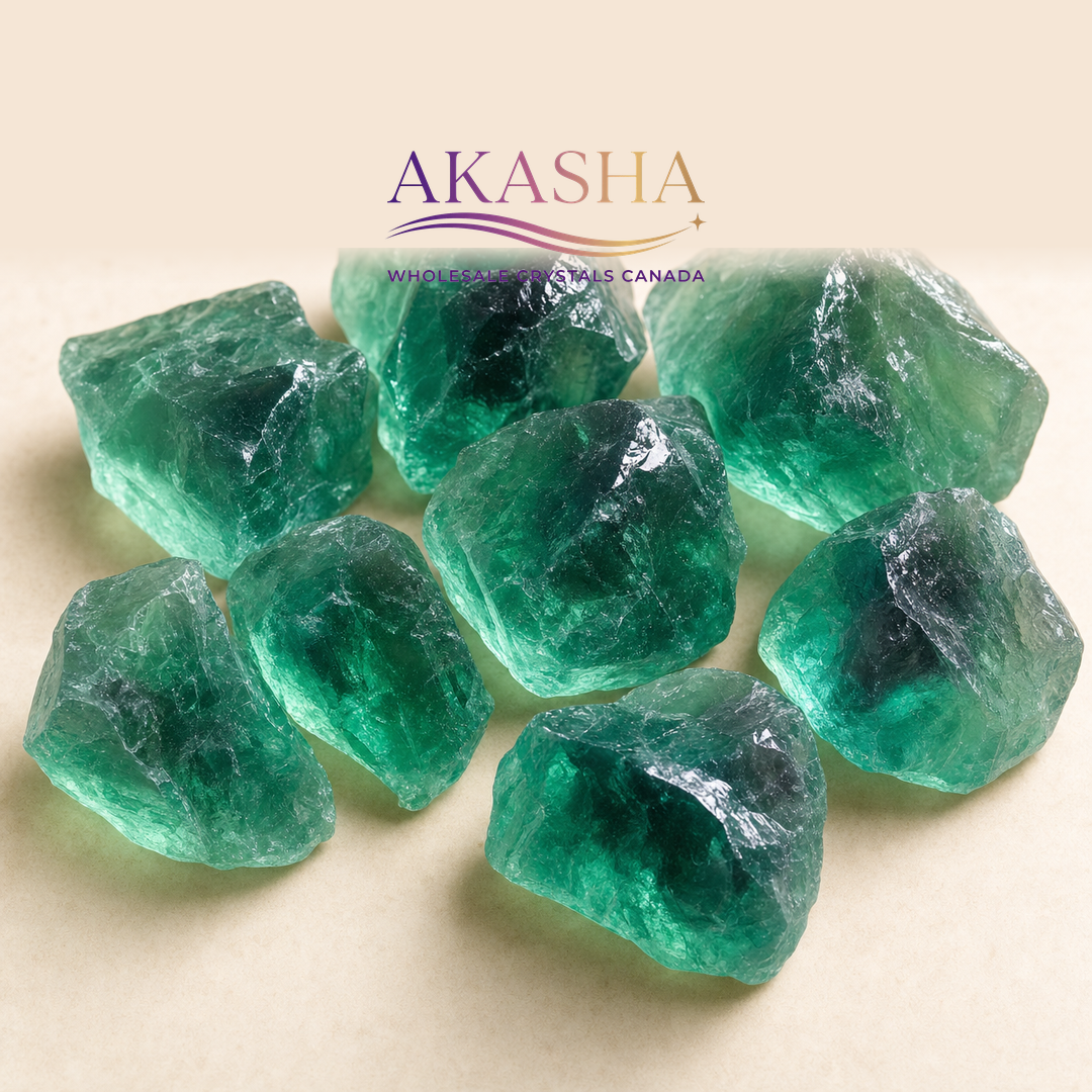 green fluorite crystals available at Akasha Wholesale Crystals Canada