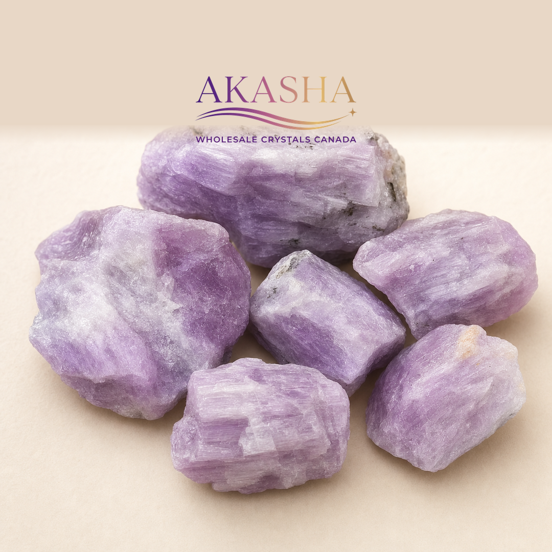kunzite raw crystals available at Akasha Wholesale Crystals Canada