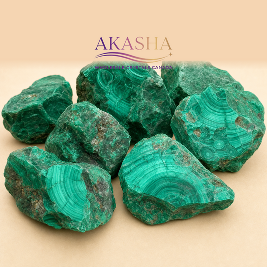 malachite raw crystals available at Akasha Wholesale Crystals Canada