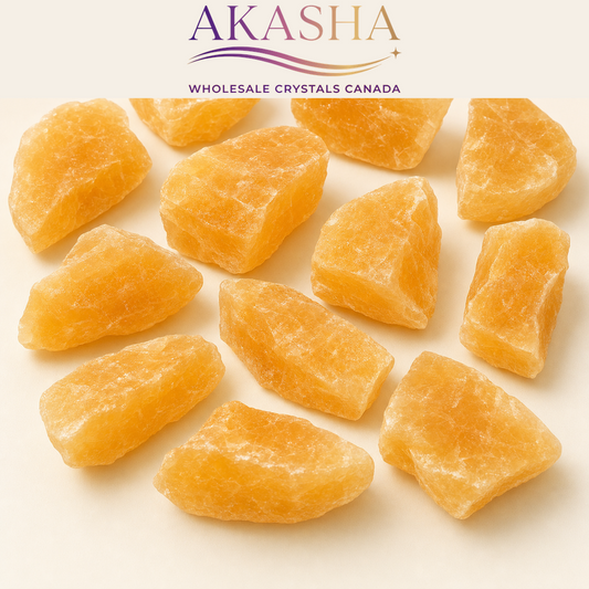 orange calcite raw crystals available at  Akasha Canadian Wholesale
