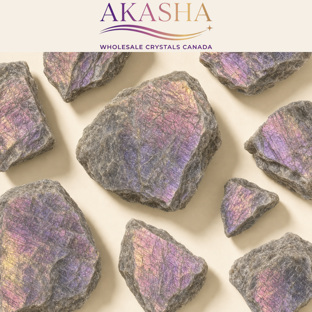 purple flash labradorite available at Akasha Canadian Crystal Wholesaler