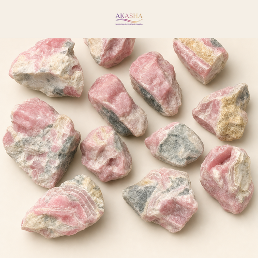 rhodochrosite crystals available for retail at Akasha Wholesalers Canada