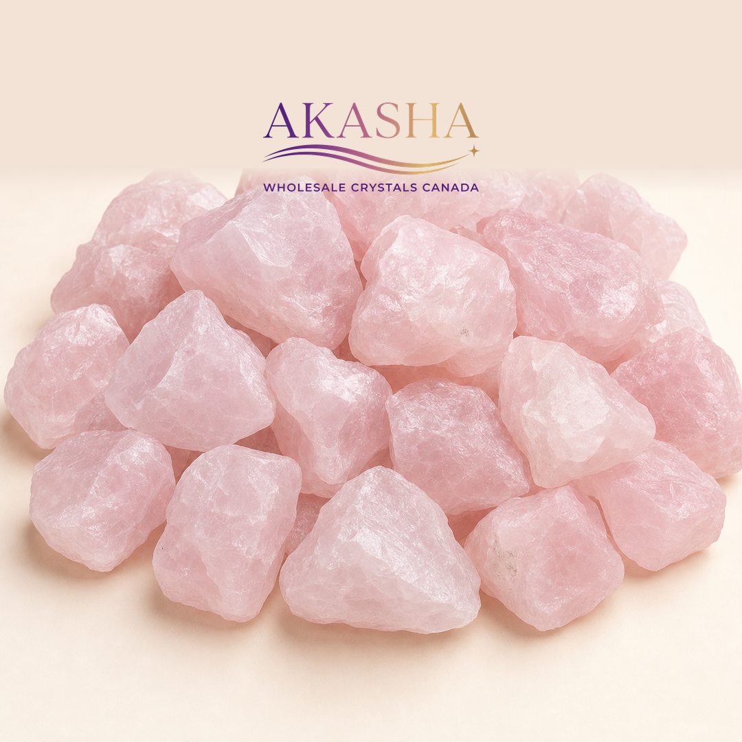 rose quartz raw crystals available at Akasha Wholesale crystals canada
