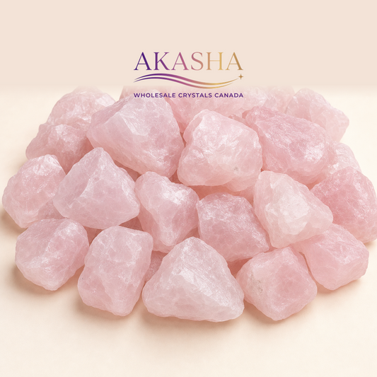 rose quartz raw crystals available at Akasha Wholesale crystals canada