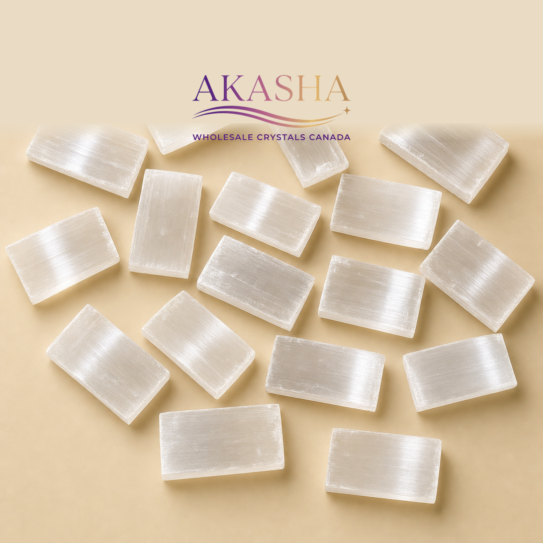 selenite raw pieces available at Akasha Wholesale Crystals Canada