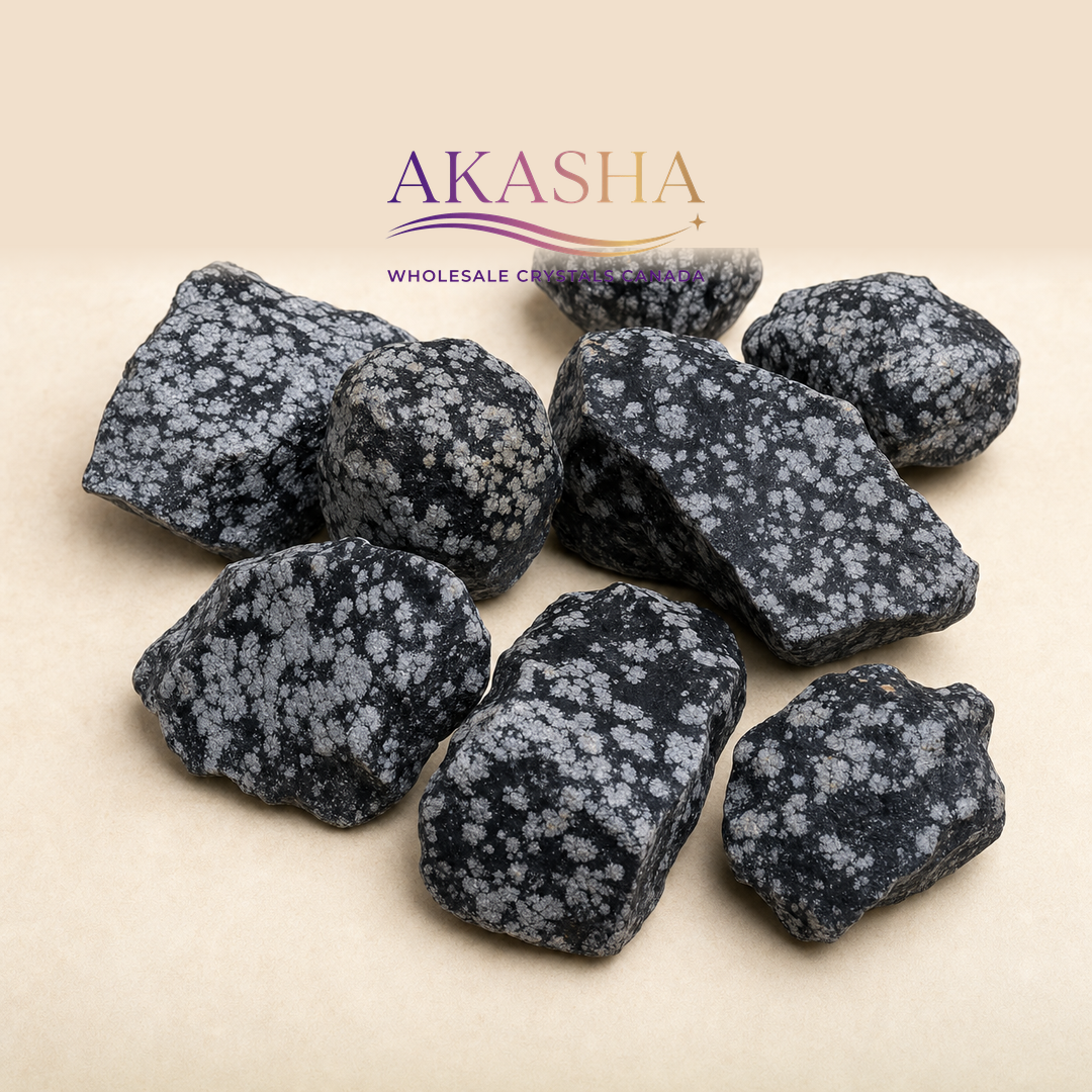 snowflake obsidian raw crystals available at Akasha Wholesale Crystals Canada