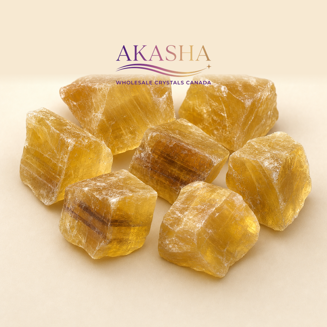 yellow fluorite raw crystals available at Akasha Wholesale Crystals Canada