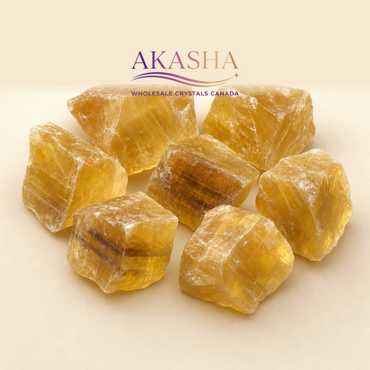 yellow fluorite raw crystals available at Akasha Wholesale Crystals Canada